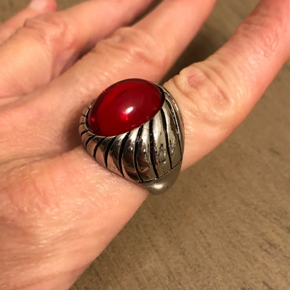 Red Faux Gemstone Silver Tone Cocktail Ring - Costume Jewelry